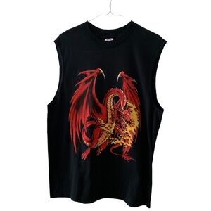 Vintage Fiery Red Dragon Muscle Shirt Mythology Fantasy Black Sleeveless